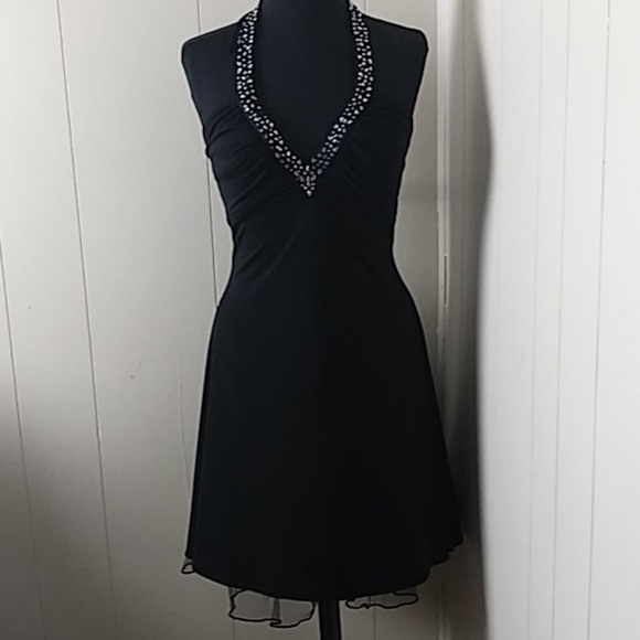 Betsy and Adam by Linda Bernell Black Halter Dress Rhinestone Embellished Formal - Picture 7 of 12